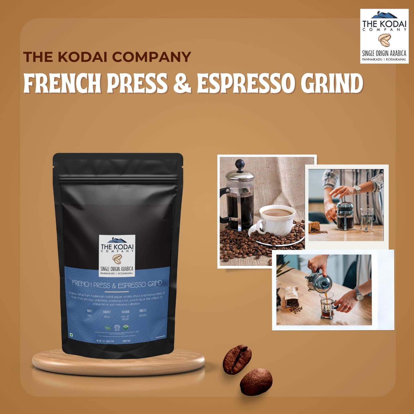 The Kodai Company Single Origin Arabica Coffee - French Press and Espresso
