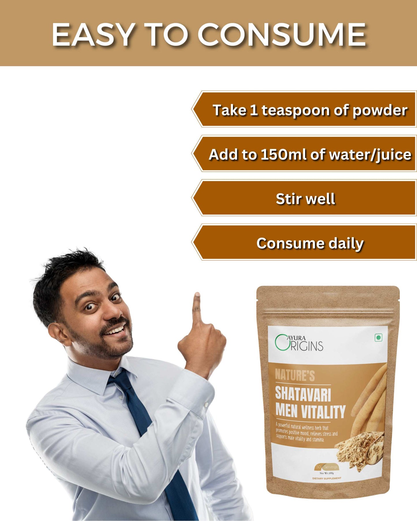 AYURA ORIGINS Nature's Shatavari Men Vitality - Stamina, Immunity, and Energy Support Daily Use 100g 50 Servings
