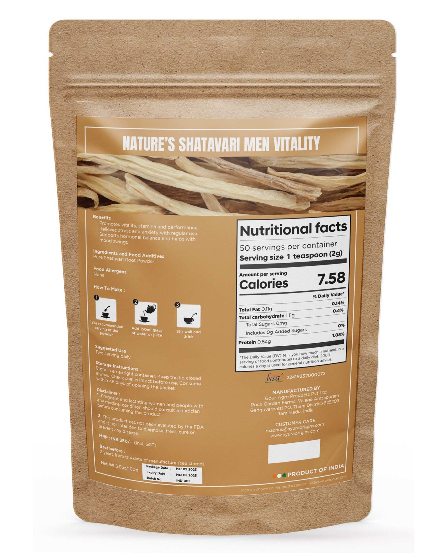AYURA ORIGINS Nature's Shatavari Men Vitality - Stamina, Immunity, and Energy Support Daily Use 100g 50 Servings