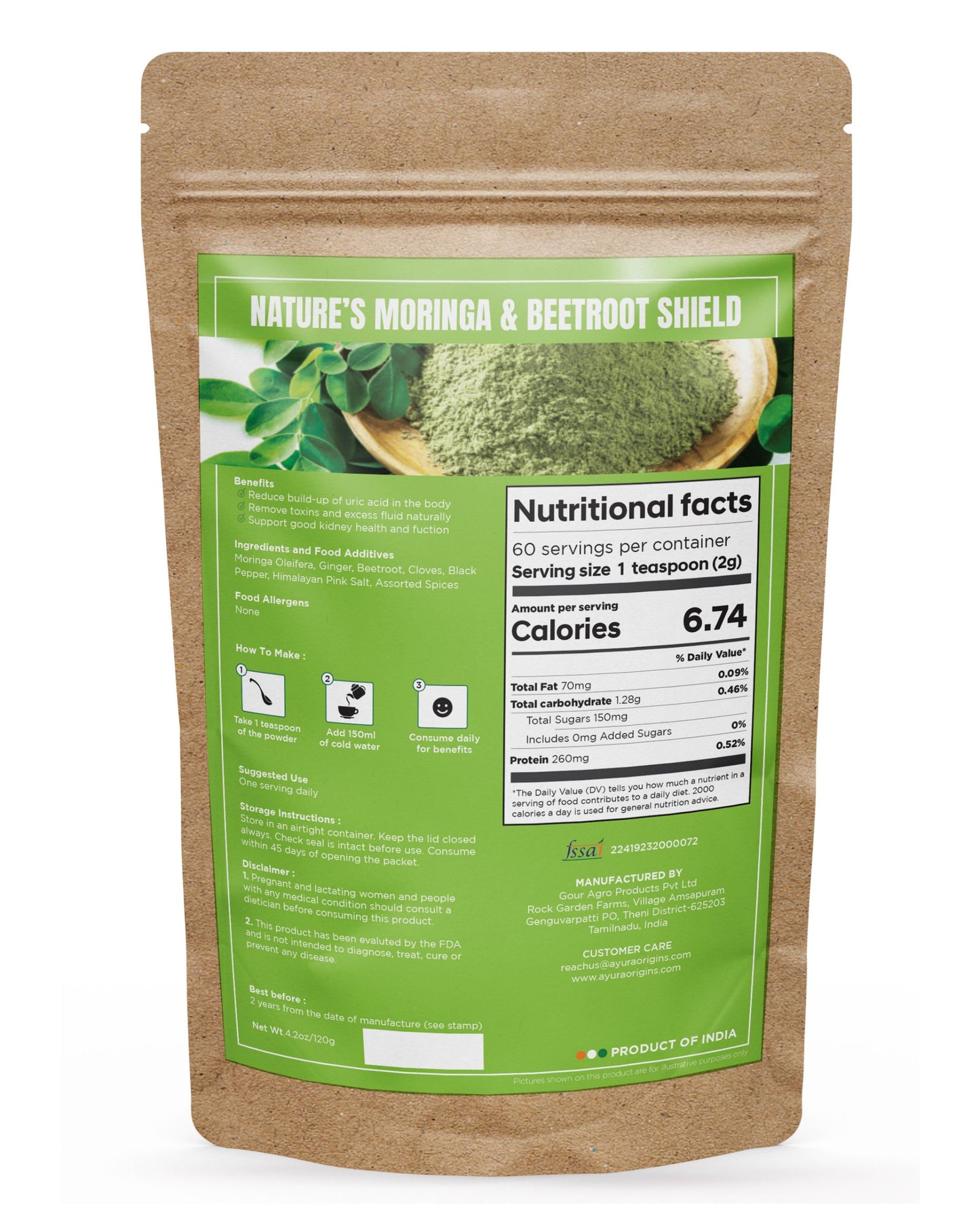 AYURA ORIGINS Nature's Moringa & Beetroot Shield 120gm 60 Servings