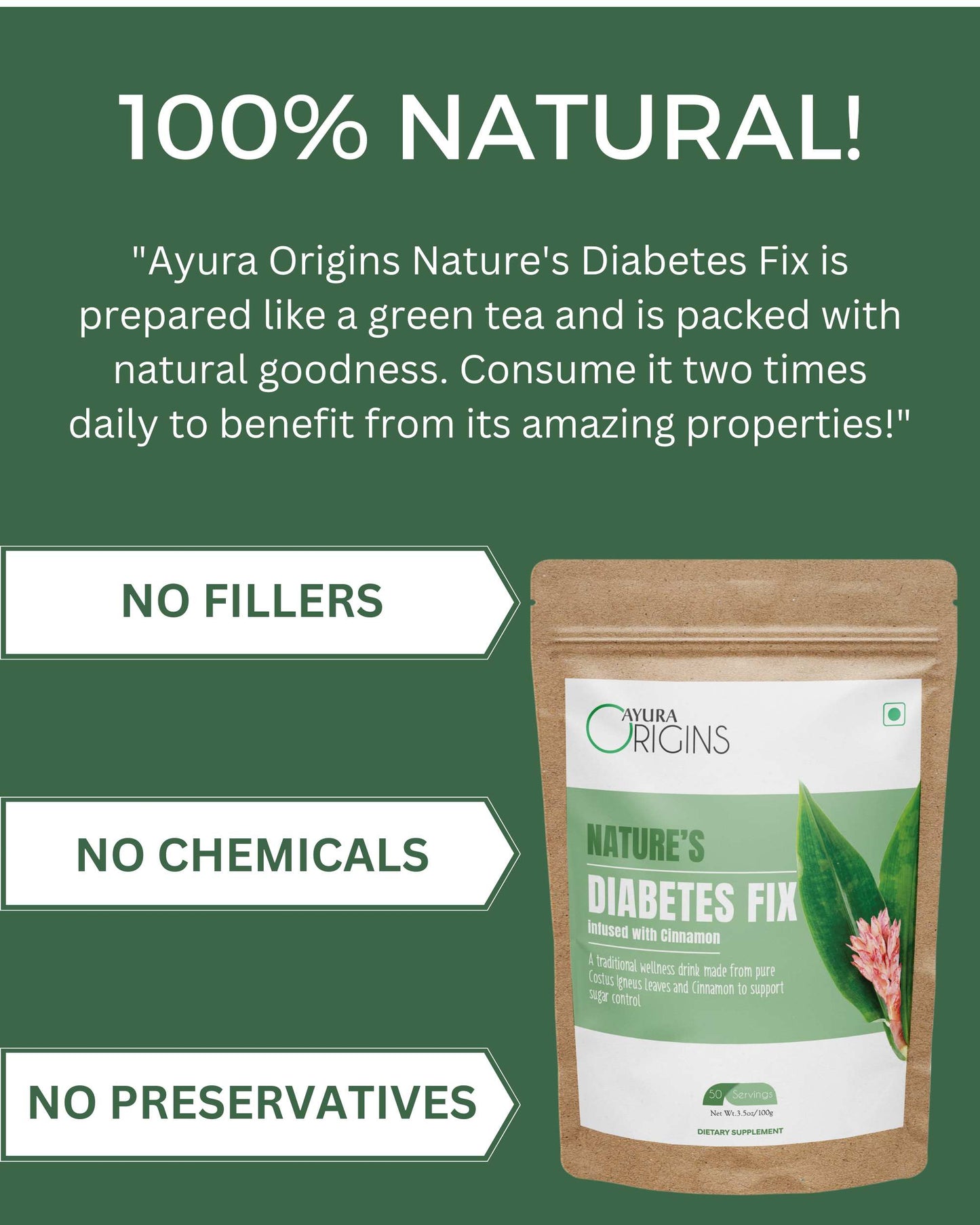 AYURA ORIGINS Nature's Diabetes Fix - Support Sugar control and manage Type 2 Daily 100gm 50 servings