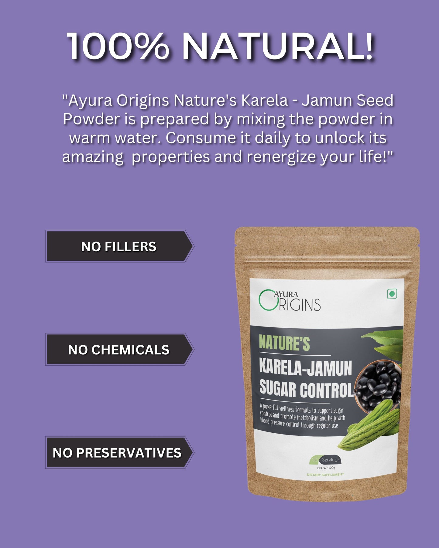 AYURA ORIGINS Nature's Karela-Jamun Powder 100gm 50 Servings